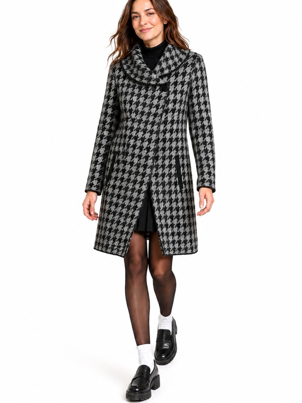 Tahari Houndstooth Wool Blend Long Coatigan Sweater Coat Cowl Neck Size M